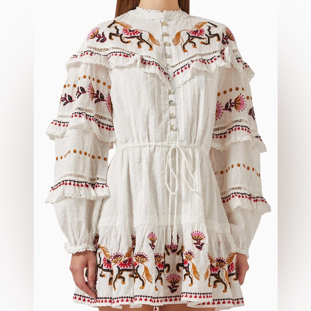 FARM Rio Stitch Embroidered Horses White Ruffle Dress with Floral Accents XXS - Picture 3 of 10